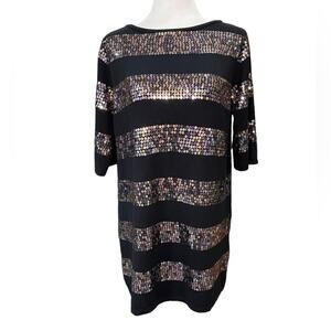 NANETTE  LePORE Multi Colored Sequin & Black‎ Wool Striped Sweater Dress Size Lg